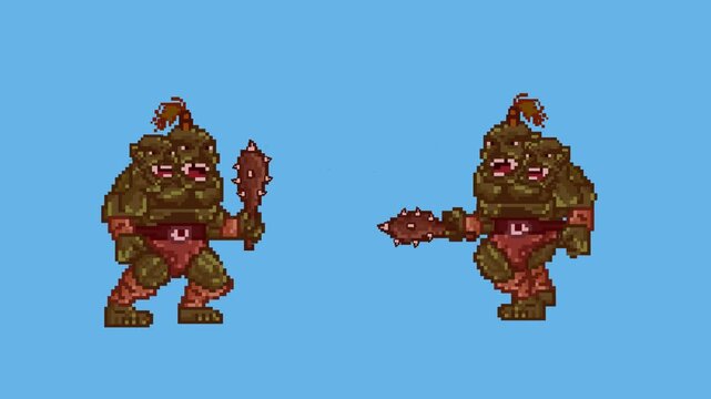 Animation of an old 32-bit game of two ogres with their clubs on a blue background, pixel, art.
