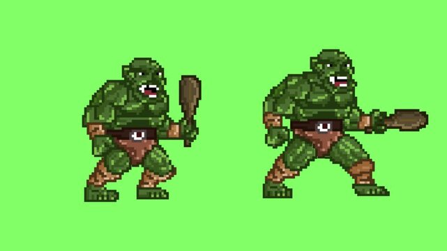 Animation of an old 32-bit game of two ogres with their clubs on a green background, art, 2D.