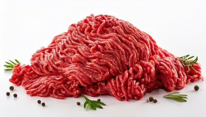 ground raw beef on a white backdrop