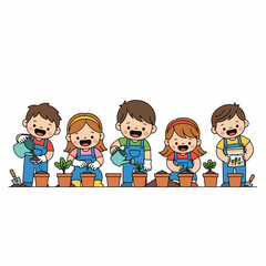 Cute Cartoon Style Children Planting Flowers in Garden Illustration