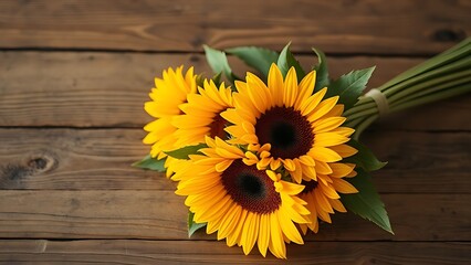 A vibrant sunflower bouquet arranged on a rustic wooden surface, bathed in warm golden natural light.