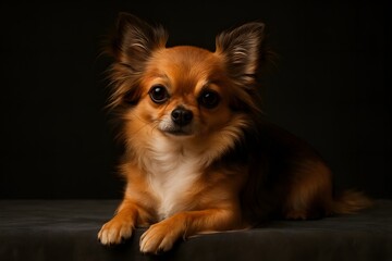 Obraz premium Long-Haired Chihuahua in Warm Close-Up with Tufted Ears and Expressive Eyes on Dark Background
