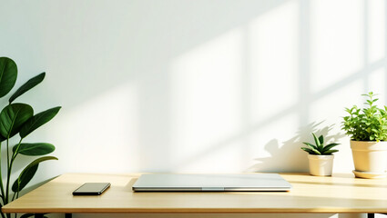 Bright workspace with laptop and plants bathed in sunlight