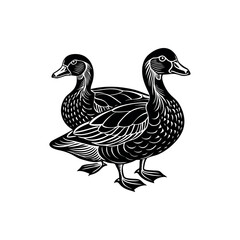 Two majestic ducks standing close together, a black and white art piece silhouette vector 