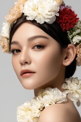 Floral Crown Beauty: A captivating portrait showcasing a woman adorned with an elegant floral crown and garland, radiating serenity and grace. The gentle light accentuates her delicate features.