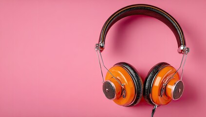 Retro-style orange headphones with black accents rest on a vibrant pink background, showcasing their circular earcups and metallic headband