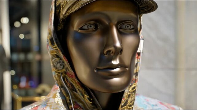 Black mannequin in stylish clothing and cap near fashion store window