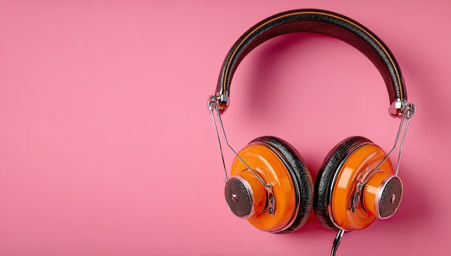 Retro-style orange headphones with black accents rest on a vibrant pink background, showcasing their circular earcups and metallic headband