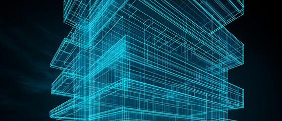 Wireframe architectural illustration of a sleek multi-story tower