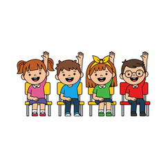 Cheerful Flat Illustration of School Children Raising Hands on Chairs
