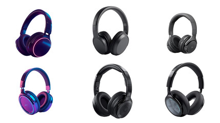Six assorted headphones isolated on transparent background