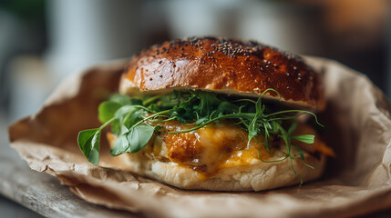 Delicious chicken burger with greens in a freshly baked bun
