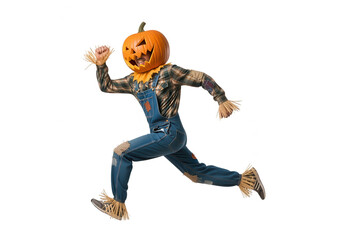 Running Scarecrow with Pumpkin Head Halloween Costume on White Background