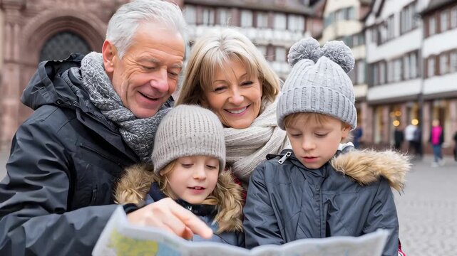Grandparents and grandchildren exploring a city map together with joy and excitement in a picturesque outdoor setting