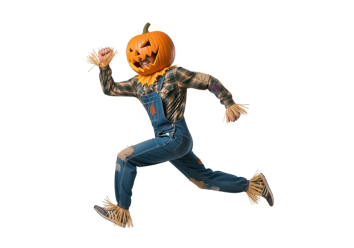 Running Scarecrow with Pumpkin Head Halloween Costume on White Background