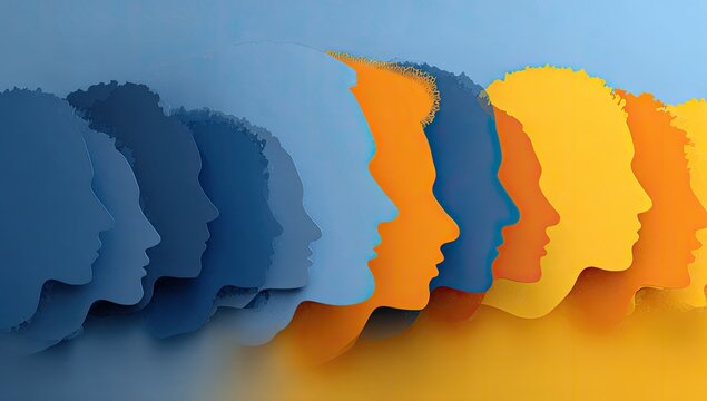 Abstract layered profile illustrations in shades of blue and orange, transitioning smoothly from one color to the next, suggesting a diverse group of people in a line