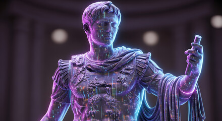 A statue of a Roman emperor, possibly Augustus, is presented with a modern, digital glitch effect and vibrant neon lighting.