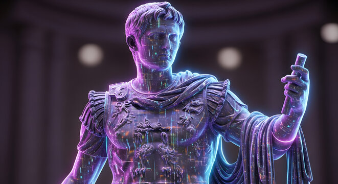 A statue of a Roman emperor, possibly Augustus, is presented with a modern, digital glitch effect and vibrant neon lighting.