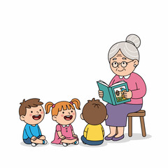 Colorful Flat Illustration of Grandma Reading Book to Children at Home
