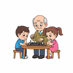 Cartoon Style Grandfather Plays Chess with Grandchildren Educational Illustration