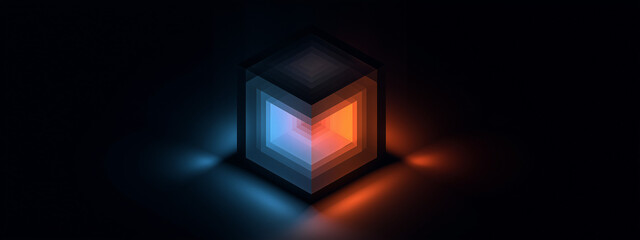 An abstract, futuristic cube glows with a vibrant split of blue and orange light, casting a radiant reflection onto the dark surface below. Sense of modern technology and minimalist art