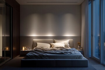 A modern bedroom, bathed in soft, ambient light, showcases a calm and tranquil atmosphere.