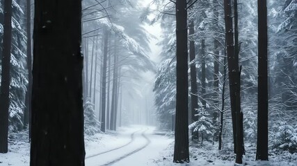 Winter landscape photo of a snowy road winding through an evergreen forest, showcasing a tranquil, serene mood with a misty atmosphere and cool color tones. - Powered by Adobe