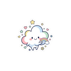 Cute kawaii cloud character holding a tiny rainbow