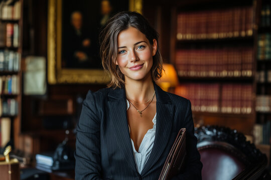 Confident businesswoman in black suit holding portfolio and smiling in elegant office library setting, professional portrait of successful female lawyer or executive leader