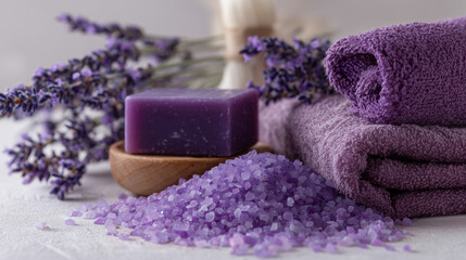 Barra de jabón lavanda sobre plato de madera con sales y toallas, que evoca tranquilidad, elegancia y estilo sensorial ideal para campañas de bienestar, spa natural y productos de cuidado corporal. © noiteterna