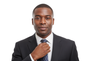 Confident African Businessman Adjusting Tie on White