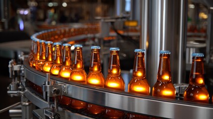 A conveyor belt is filled with bottles of beer