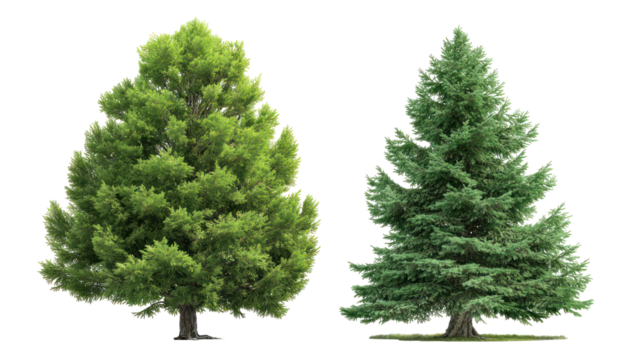 Cedar tree and spruce tree together with conical shape on transparent background