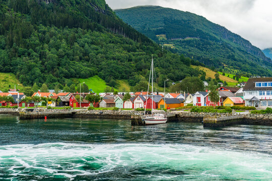 Colourful houses in Vikoyri village on the shore of the Sognefjord in Norway