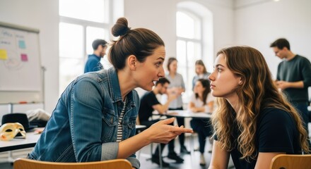 Two women in a classroom, one with a ponytail, talking to each other.