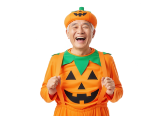 Happy Senior Man in Pumpkin Costume Celebrating Halloween