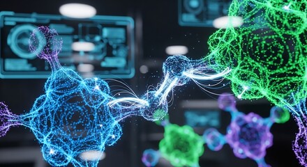 Abstract Digital Network of Glowing Molecules and Data Streams on Futuristic Display