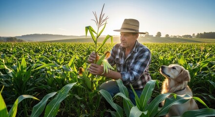 A farmer and his dog in a cornfield at sunset.