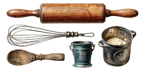 Vintage Cooking Utensils and Tools on Isolated Transparent Background