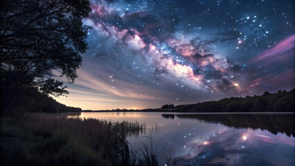 Obraz premium Milky Way Over Calm Lake, Starlit Reflections on Water, Cosmic Night by the Lake, Celestial Glow at Lakeside
