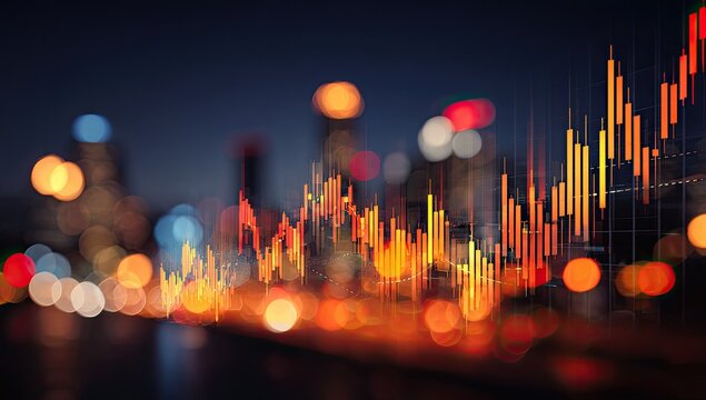 Night cityscape bokeh with overlaid vibrant candlestick chart depicting fluctuating market trends