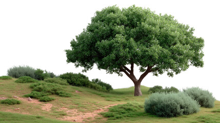 Majestic Oak on a Lush Hillside: An elegant oak tree, standing proudly on a grassy hillside. surrounded by shrubs, creating a serene and picturesque landscape.