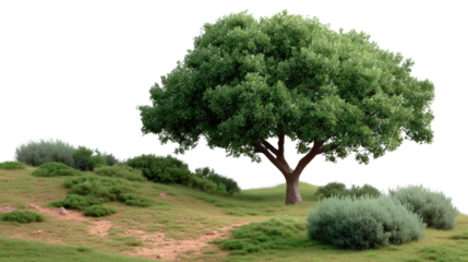 Majestic Oak on a Lush Hillside: An elegant oak tree, standing proudly on a grassy hillside. surrounded by shrubs, creating a serene and picturesque landscape.