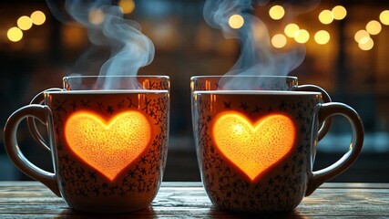 Two steaming mugs with heart-shaped lights inside, romantic night - Powered by Adobe