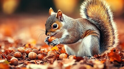 A squirrel collecting acorns from the forest floor, with autumn leaves scattered around.