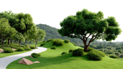 Path to Nature's Embrace: A winding path leads the way through a vibrant green landscape, with mature trees and lush bushes guiding the eye toward a distant mountainous horizon.