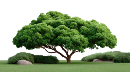 Magnificent Tree and Lush Greenery: A vibrant, healthy tree stands majestically on a bed of green grass, framed by neatly trimmed bushes and stones. a beautiful representation of nature and serenity.