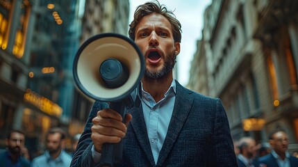 Determined businessman making a corporate announcement with a megaphone