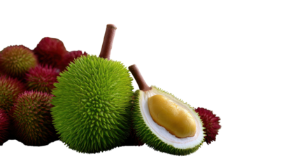 Durian and Rambutan Temptation: An alluring studio shot of fresh durian and rambutan, showcasing their unique textures and vibrant colors. A visual feast for food enthusiasts. 