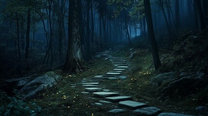Fototapeta premium Winding Stone Path ThroughDark Forest at Night